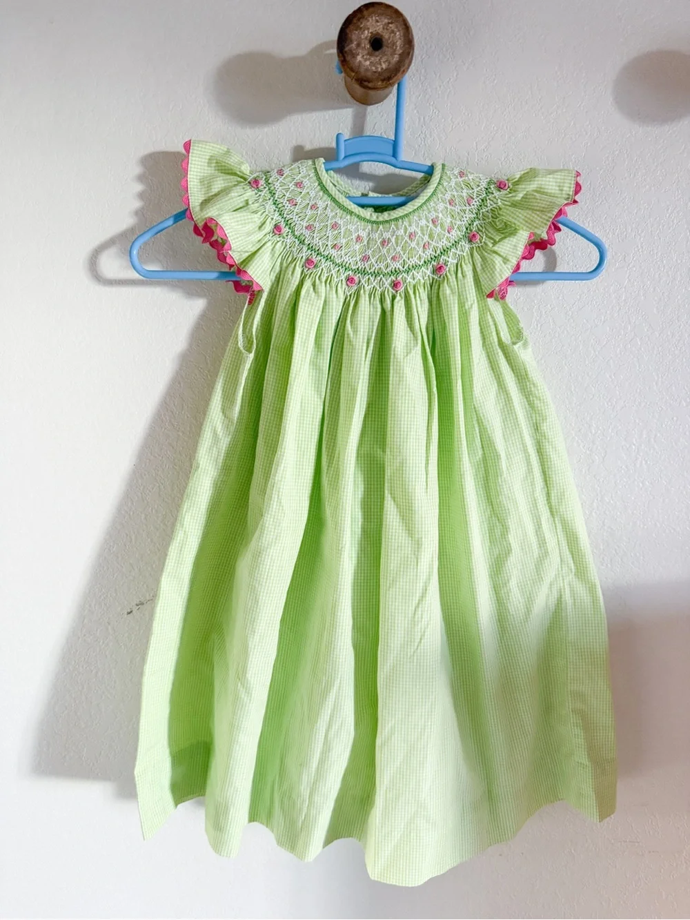 Remember Nguyen Lime Green Smocked Flutter Sleeve Bishops Dress with Pink Trim
